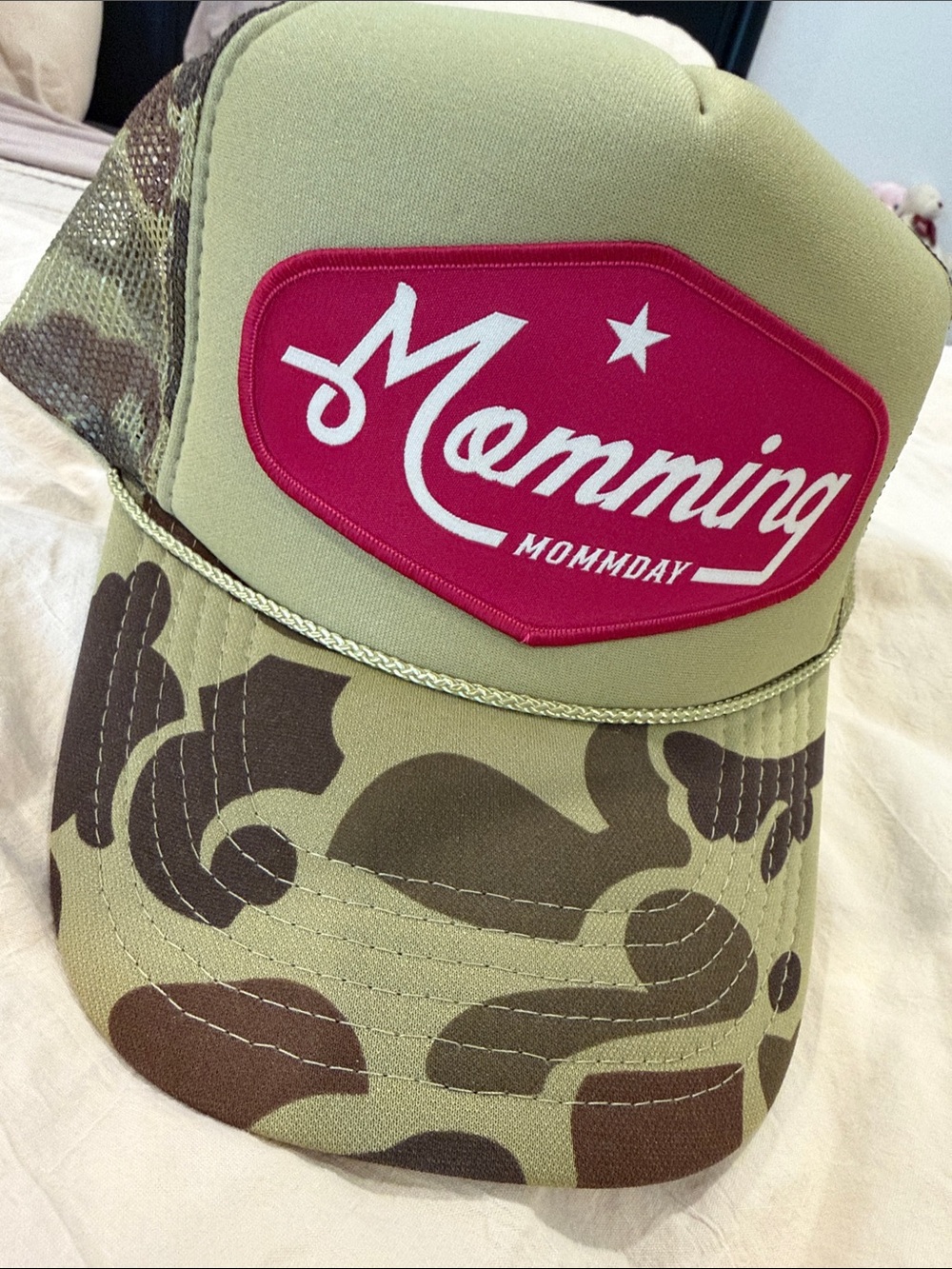Mommday Momming Camo Trucker Hat in Olive with Red Patch